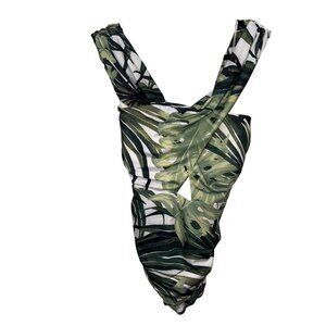 NWT Cacique Tropical Green Palm Leaf Print Womens One-Piece Swimsuit Cross Back